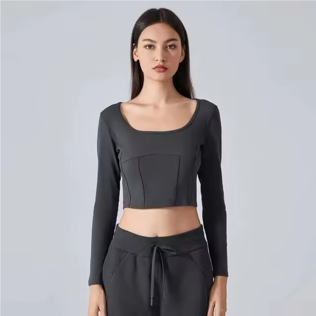 SHINBENE-Camiseta ajustada para todos los días para mujer, Tops básicos con cuello redondo, Top corto de manga larga, camiseta ajustada - 1