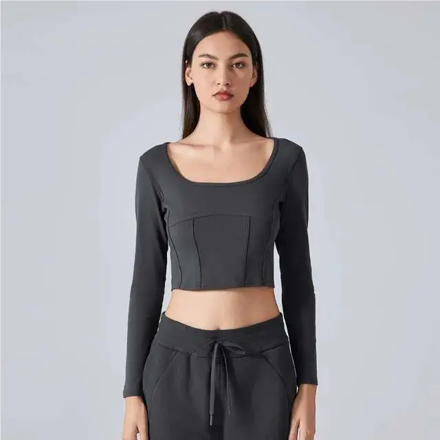 SHINBENE-Camiseta ajustada para todos los días para mujer, Tops básicos con cuello redondo, Top corto de manga larga, camiseta ajustada - 1