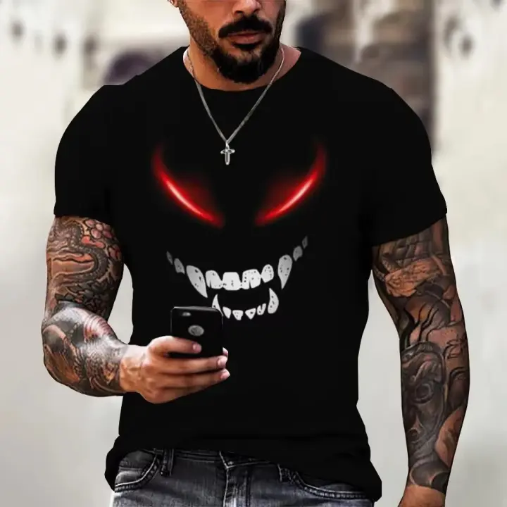 Camiseta para hombre con gráficos del diablo, ropa de calle de manga corta con cuello redondo, camiseta holgada para deportes al aire libre, ropa de gran tamaño para exteriores - 1