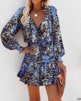 Vestido Mini de Impresión Colorida Cuello en V, Cintura Elástica, Mangas Largas, Chifón para Mujeres Primavera-Verano - details 4