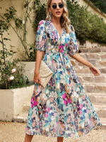 Vestido de verano de estilo callejero para mujer, traje elegante y Sexy con cuello en V, estampado de flores, mangas farol, largo, 2024 - details 2