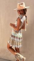 Vestido de estilo étnico, novedad de verano, jersey con cuello en V, mangas voladoras estampadas, Falda corta ceñida con cintura A-e para mujer - details 4
