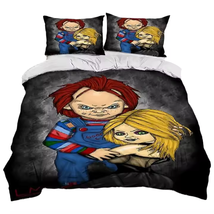 Conjunto de Ropa de Cama de Película de Terror Chucky Saw Cubierta de Edredón, Funda de Almohada, Funda de Cama Tamaño Rey y Reina Diseño de Carácter de Película de Terror - 1