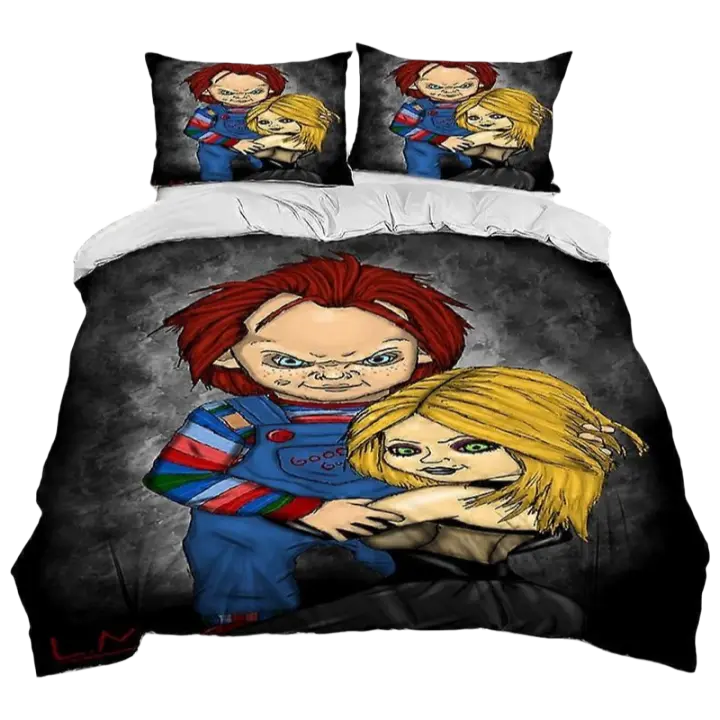 Conjunto de Ropa de Cama de Película de Terror Chucky Saw Cubierta de Edredón, Funda de Almohada, Funda de Cama Tamaño Rey y Reina Diseño de Carácter de Película de Terror - 1