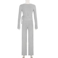 Conjunto de 2 piezas de pantalón superior para mujer, Top elegante con cuello en V y manga larga, pantalones con cintura elástica con cordones, trajes para mujer 2025 - details 1