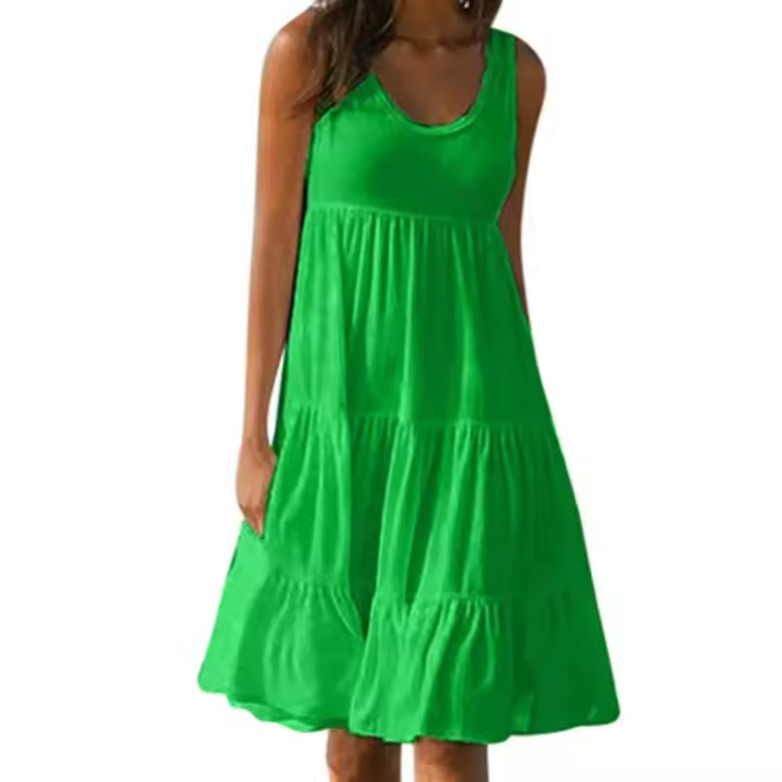 Vestido Mini Informal sin Mangas con Cuello Redondo para Mujer Vestido Bohemio Liso para Playa - 1