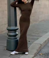 Vestido largo ajustado de punto marrón para mujer, nuevo estilo, otoño e invierno, moda - details 9