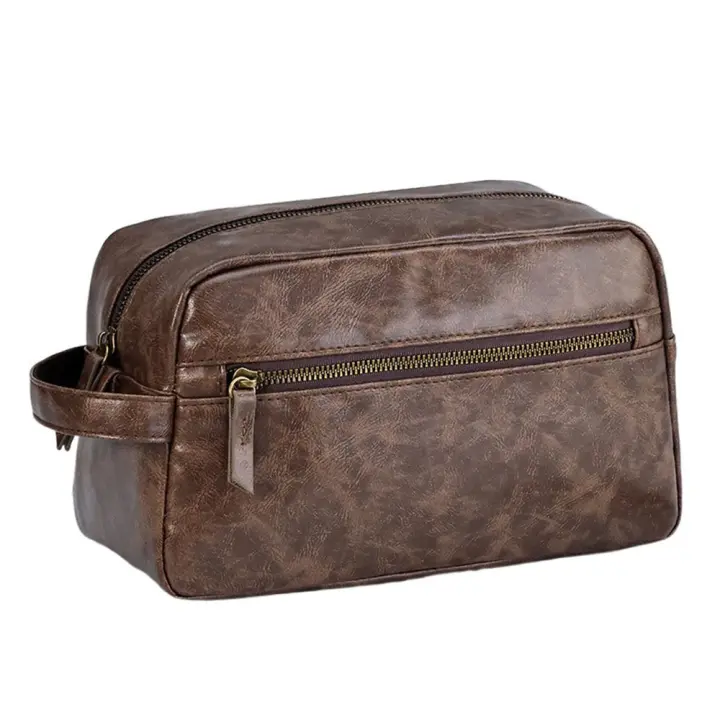 Bolsa de lavado de cuero con múltiples bolsillos para hombre, bolsa de almacenamiento de cosméticos con cremallera de mano, bolsa de maquillaje impermeable de gran capacidad para el hogar - 1