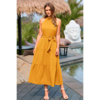 Vestido estilo bohemio mujer verano con cinturón，Sin mangas halter Dobladillo con volantes - details 11