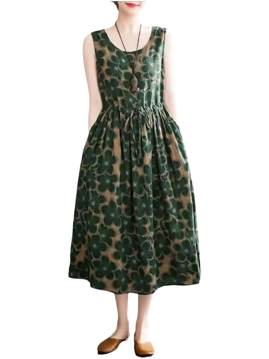 Anteef sin mangas de algodón vintage floral nuevo en vestidos para mujeres casual suelto vestido largo de verano ropa elegante 2025 - 1