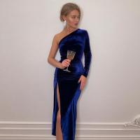 Vestido Bodycon De Veludo Elegante Para Mujer Con Abertura Lateral Manga Larga Para Fiesta Noche Primavera Otoño Vestido Midi Ajustado - details 7