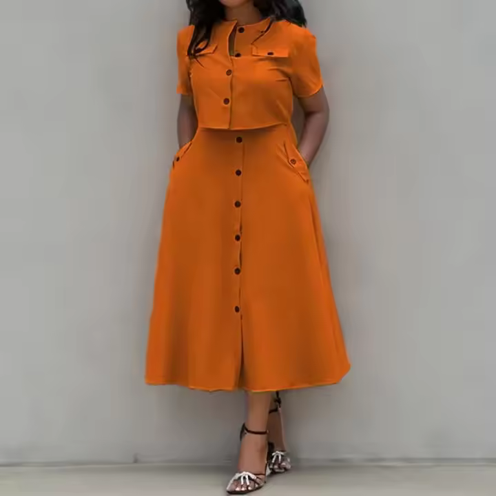 Conjunto de dos piezas de falda y camisa para mujer, elegante, cuello redondo, manga corta, top con botones, falda de cintura alta, traje de 2 piezas para primavera y verano - 1
