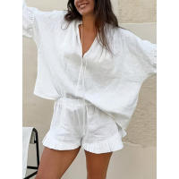 Conjunto de dos piezas de Top y pantalones cortos holgados con cuello en V a la moda para mujer, novedad de verano, primavera - details 2