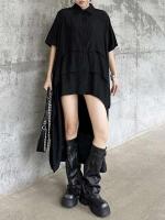 EAM mujeres negro capas espalda talla grande vestido camisero largo solapa nueva manga corta moda Primavera Verano 2025 1DH6073 - details 5