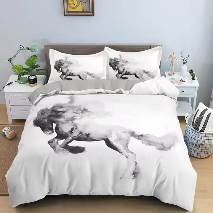 Set de Funda de Almohada de Animal 3D Caballo Galopante Dominante Cubierta de Colchón de Poliéster Suave de 3 Piezas con Funda de Almohada - 1