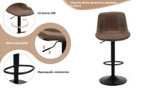 Taburete de Bar, Taburete Giratorio con Respaldo, sillas de Bar Modernas Ajustables, Taburete Alto sin Brazos de Piel sintética para Isla de Cocina, Color Marrón - details 2