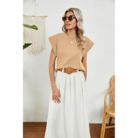 BUNO-2025 Tops para mujer, pantalón corto informal de moda de verano, camisetas básicas con textura a rayas de Color sólido y cuello redondo - details 13