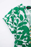 TRAFZA-Vestido largo de playa para mujer, elegante vestido Midi de manga corta con estampado botánico, cinturón de un solo pecho, decoración - details 6