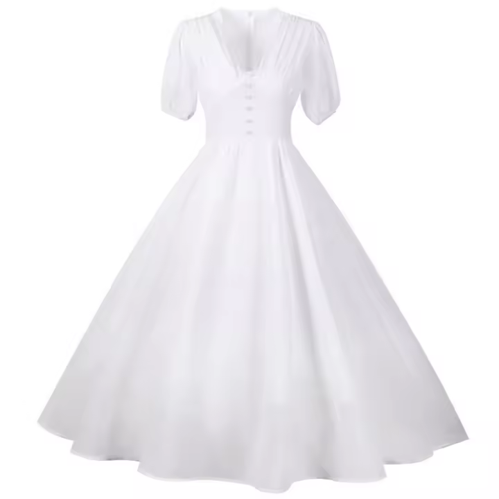 Elegante vestido de fiesta largo de gasa con cuello en V, mangas cortas tipo farol y color sólido para mujer, verano. - 1