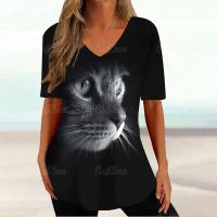 Camiseta Gráfica de Gato Kawaii Manga Corta, Estampado Haruku, Cuello en V, Ropa Suelta para Mujeres - details 9
