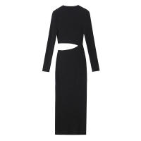 TRAFZA 2024 Mujer primavera sólido cuello redondo manga larga elasticidad vestido ajustado Mujer textura Crop Hollow Midi vestidos Mujer - details 4
