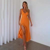 Vestido Maxi de Verano Elegante sin Mangas con Volantes Sexys Cuello en V Profundo, Espalda Alta, Abierto hasta la Coxa - details 18