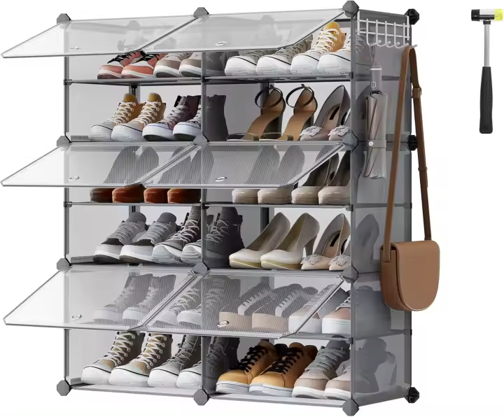Zapatero, Estantería Modular de Plástico de 10 Compartimentos, Entrada Recibidor con Paneles Separadores Ajustables, 30 x 40 x 30 cm, Negro LPC035B01 - 1