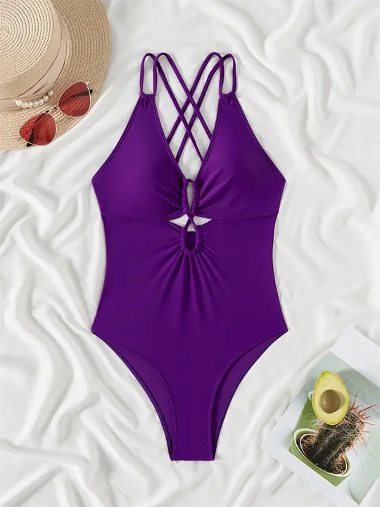 Traje de baño hueco liso de una pieza para mujer, sexy, sin espalda, traje de playa de verano - 1