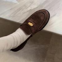 Mocasines sin cordones de ante con punta redonda para mujer, zapatos planos de piel - details 0
