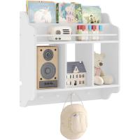 Pared para Niños, Librería Infantil Flotante, Estantes de Pared con 3 Compartimentos y 4 Ganchos de Pomo, para Guardería, Habitación Infantil y Sala de Juegos, Blanco - details 0