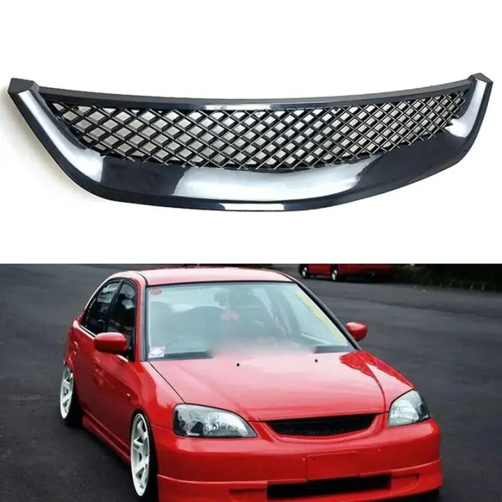 Rejilla de malla para capó de motor delantero, parachoques negro brillante, parrilla de carreras para Honda Civic JDM tipo R 2001-2003 2DR/4DR EM/ES - 1