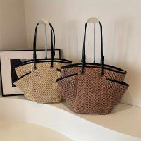 Bolso de mano de paja elegante para mujer: bolso de hombro convertible grande con cierre de cremallera y estilo minimalista beige y negro para la playa, camping, desplazamientos y viajes - details 0