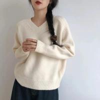 Otoño/Invierno nuevo suéter de cachemira de las mujeres con cuello en V Jersey de punto de lana pura Tops gruesos Casual suelta moda coreana - details 0