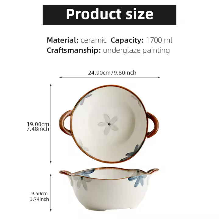 Cuenco de cerámica para Fideos para el hogar, cuenco de sopa con asa, ensalada, Pasta, vajilla de cocina, horno microondas, 1700ml - 1