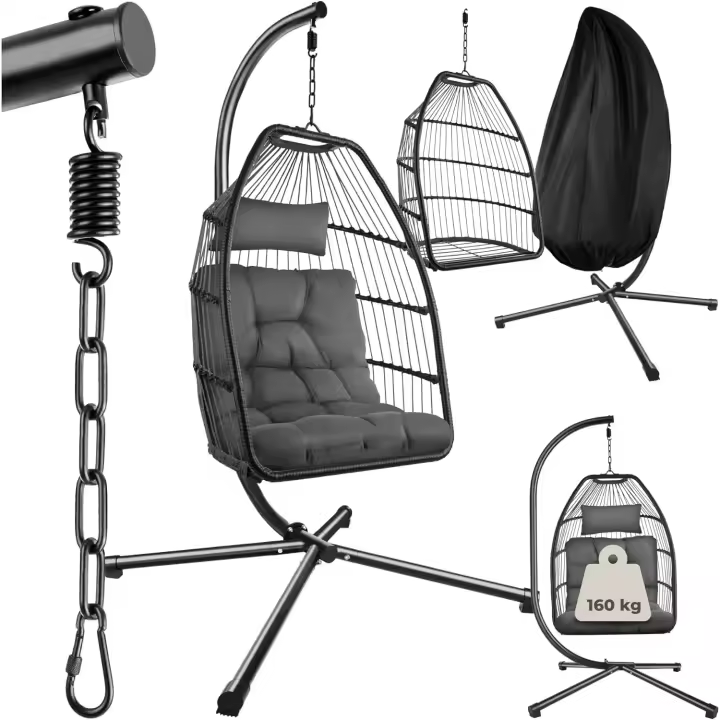 Columpio Jardín Exterior, Silla Colgante con Cojín Extragrueso, Sillón Balancín con Estructura de Acero y 4 Pies en Base, Hamaca Colgante Interior/Exterior, Plegable, Capacidad 160Kg - 1