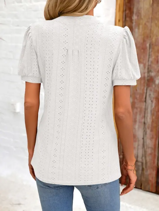 Camiseta holgada de Color sólido de manga corta con cuello en V para mujer a la moda de estilo coreano para verano - 1