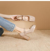 Zapatos de punta cuadrada con tacón grueso y tacón alto plano con hebilla de flor pequeña - details 19