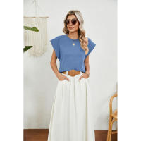 BUNO-2025 Tops para mujer, pantalón corto informal de moda de verano, camisetas básicas con textura a rayas de Color sólido y cuello redondo - details 44