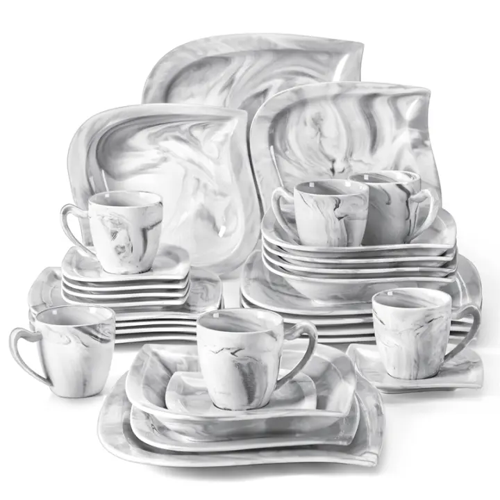 MALACASA-Juego de vajilla de porcelana de mármol, 30 piezas, 6 platos de cena, platos de postre, platos de sopa, tazas y platillos - 1