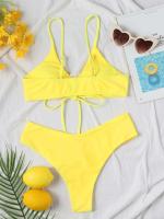 Nuevo conjunto de bikini de alta elasticidad verano 2025, sexy de dos piezas con cordones de color sólido para mujer, traje de baño de playa - details 29