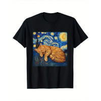 100% Algodón, Manga Corta, Cuello Redondo, Diseño de Gato Negro con Naranja y Estrellas Girando, Ajuste Casual y Cómodo, Ropa para Todos los Estaciones |     Moda inspirada en el arte. |     Lavable a máquina, camiseta para gatos. - details 0
