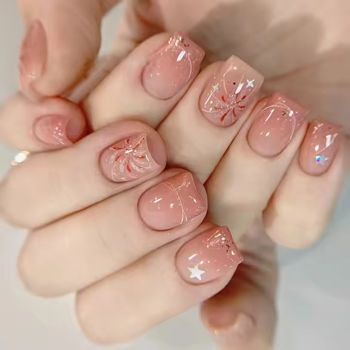 24 Uds. Parches De Uñas De Ballet Cortos Con Estrellas Desmontables En Estilo Fuegos Artificiales Rubor Manicura Adornos De Uñas Falsas - 1