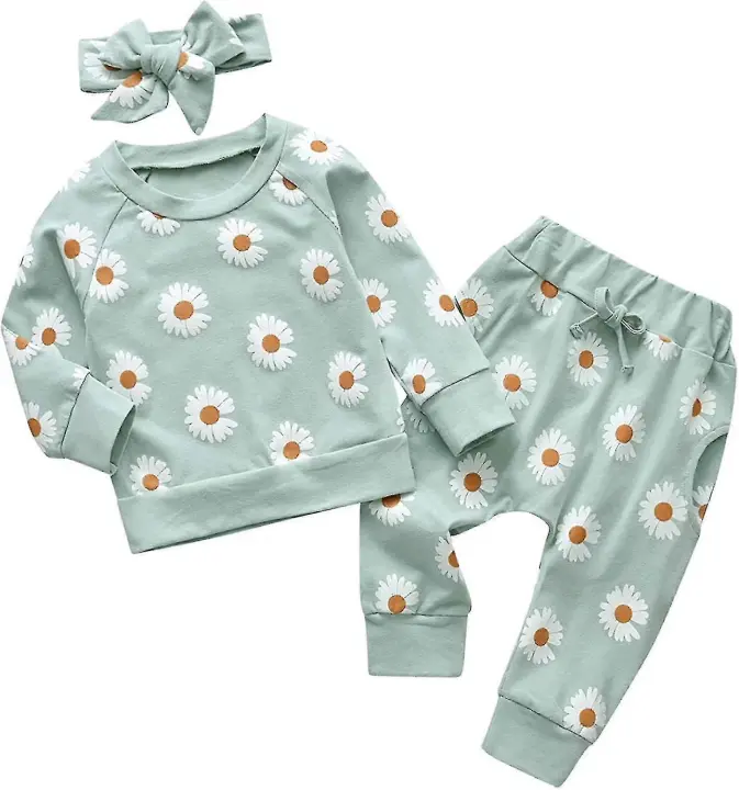 HUAFEI Ropa para bebé recién nacido con estampado de flores, camisetas de manga larga, pantalones y diadema, conjunto de 3 piezas - 1