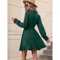 Vestido midi de manga larga con cuello en V para mujer, elegante y bonito, moderno, de color sólido, lujoso. - details 11