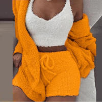 Suéter para mujer, artículos para el hogar, pijama informal de 3 piezas, chaleco de manga larga con ombligo, ribete de pantalones cortos, invierno - details 2