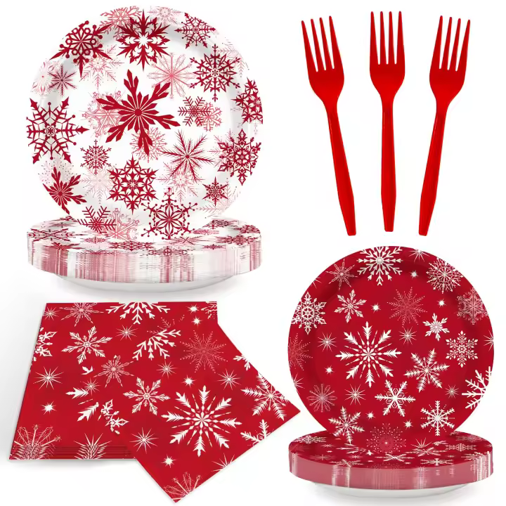 Juego de Platos Desechables de Copo de Nieve Rojo 96pcs Perfecto para Fiesta Navideña - 1