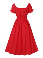 Elegante Vestido Largo Rojo con Cuello de Corazón Vintage Cintura Elástica, Botones Frontales - details 2
