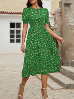 Vestido de mujer, novedad de verano 2025, vestido de longitud media acampanado a la moda con cintura alta y flores redondas para mujer - details 33