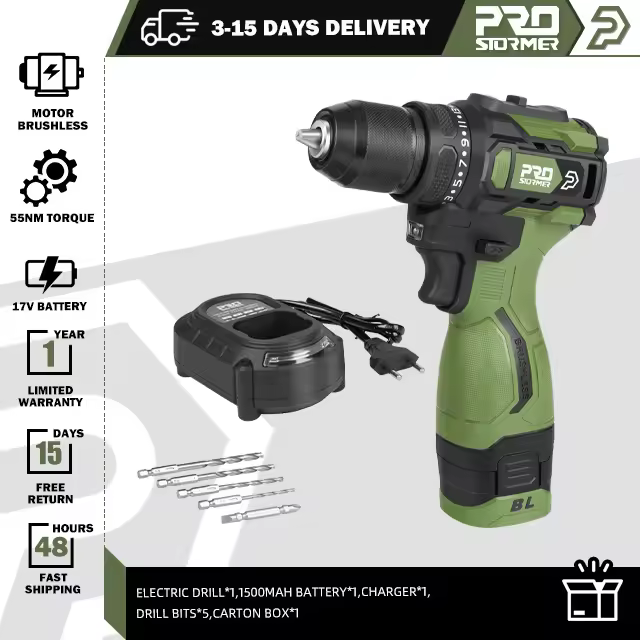 Mini Taladro Eléctrico sin Escobillas 17V PROSTORMER 55NM Fuente de Alimentación de Batería Li-ion 5pcs Bit Power Taladro de Pared Cordless - 1