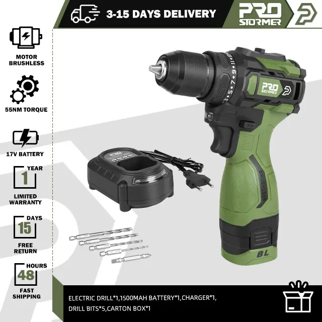 Mini Taladro Eléctrico sin Escobillas 17V PROSTORMER 55NM Fuente de Alimentación de Batería Li-ion 5pcs Bit Power Taladro de Pared Cordless - 1